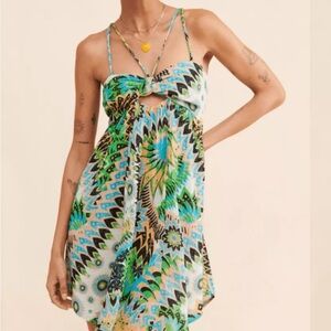 Anthropologie Green and Blue Patterned Mini Dress